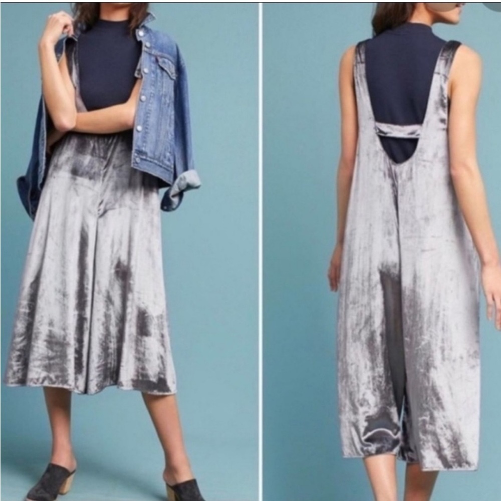 Anthropologie Maeve Velvet Romper Jumpsuit Jeweled Buttons Cropped Wide Leg Gray
